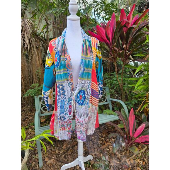 Johnny Was Tops - Johnny Was Multicolor Patchwork Open Front Kimono - Teal, Blue, Red, Yellow